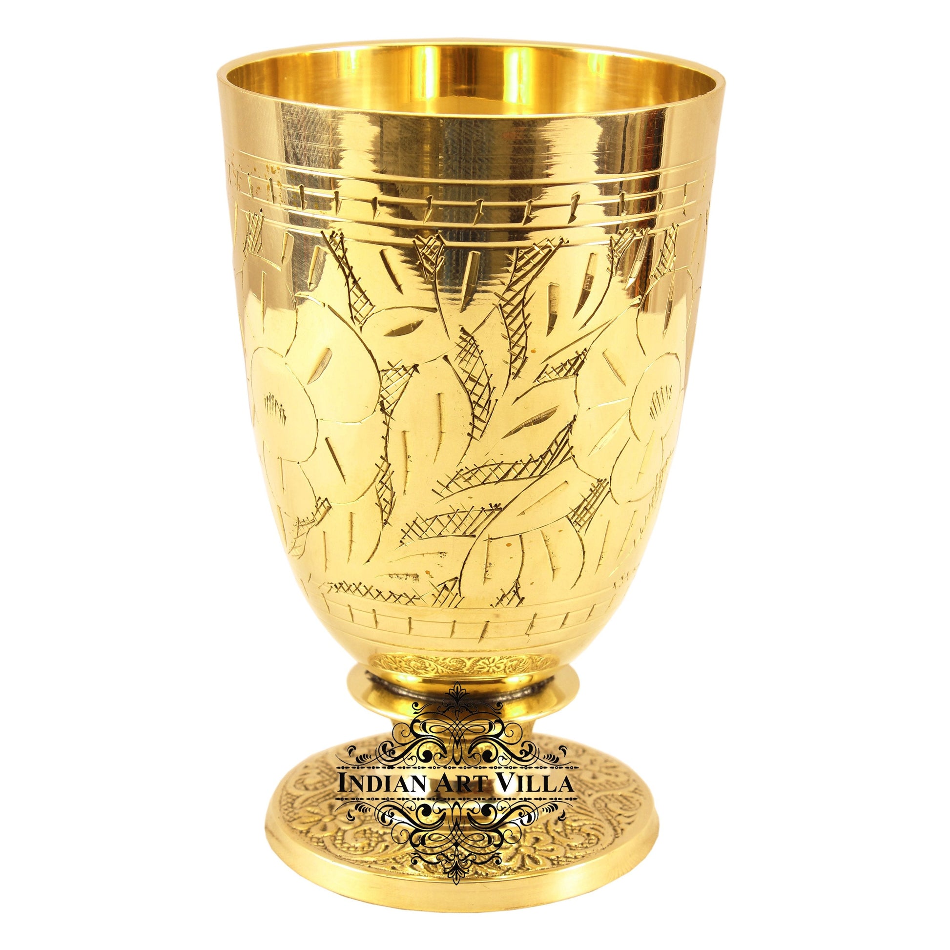 Pure Brass Embossed leaves Design Glass with Stand-350 ML