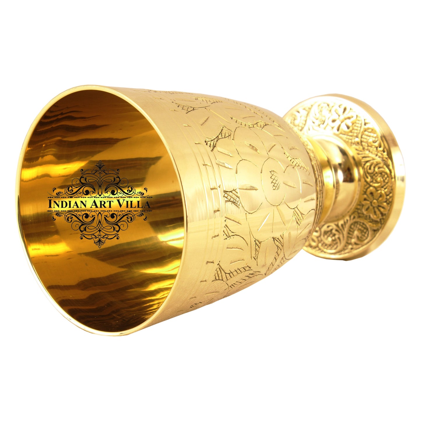 Pure Brass Embossed leaves Design Glass with Stand-350 ML