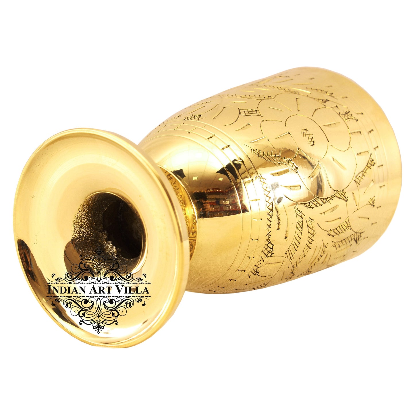 Pure Brass Embossed leaves Design Glass with Stand-350 ML