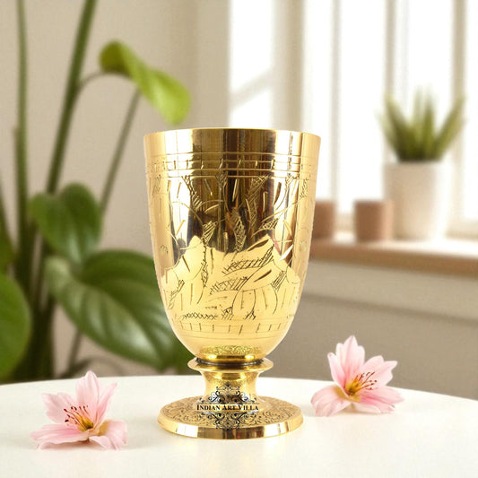 Pure Brass Embossed leaves Design Glass with Stand-350 ML