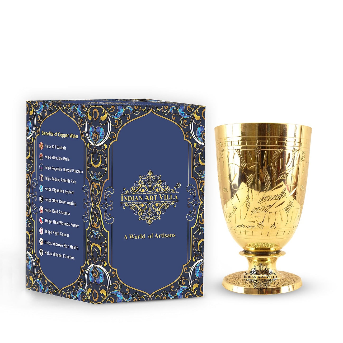 Pure Brass Embossed leaves Design Glass with Stand-350 ML