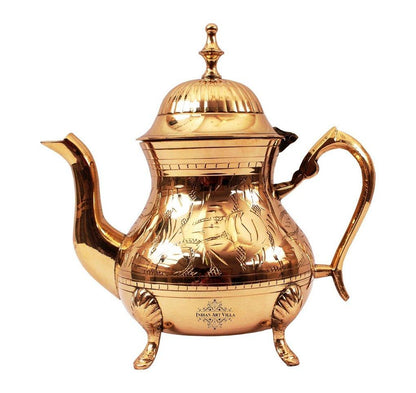 Brass Mughlai Style Teapot with Lid & a Designer Handle, Engraved Leaves Design, Serveware, Tableware, 650 ml