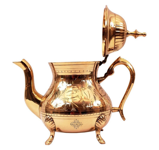Brass Mughlai Style Teapot with Lid & a Designer Handle, Engraved Leaves Design, Serveware, Tableware, 650 ml