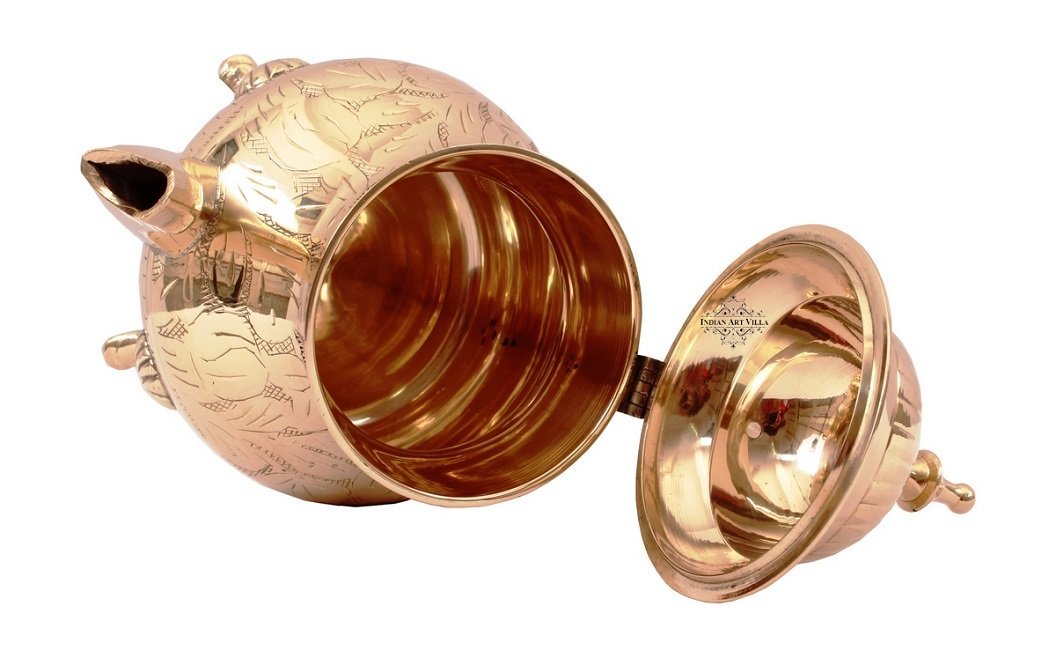 Brass Mughlai Style Teapot with Lid & a Designer Handle, Engraved Leaves Design, Serveware, Tableware, 650 ml