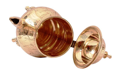 Brass Mughlai Style Teapot with Lid & a Designer Handle, Engraved Leaves Design, Serveware, Tableware, 650 ml