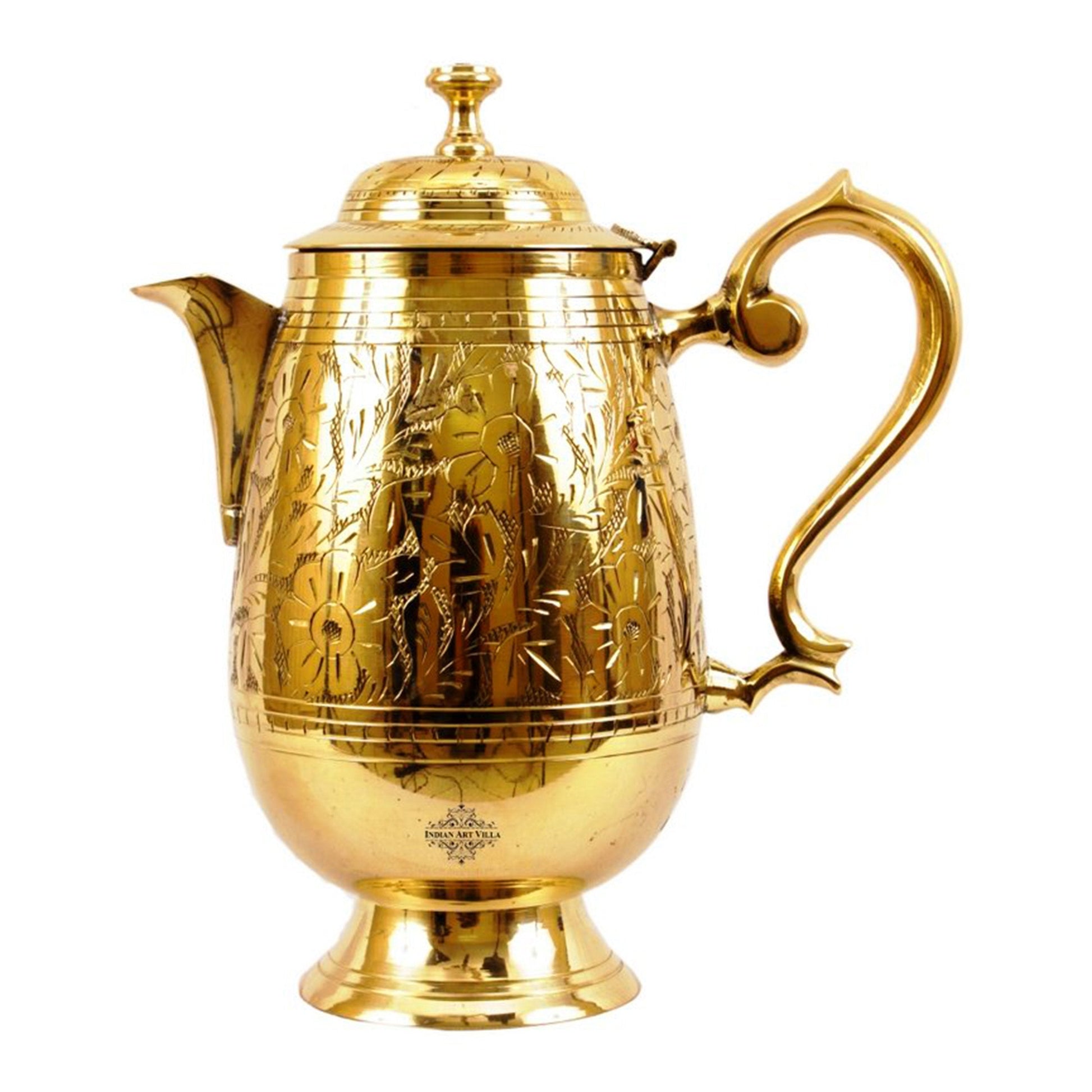 Pure Brass Designer Engraved Jug, Pitcher with Lid & Spout-1000 ml