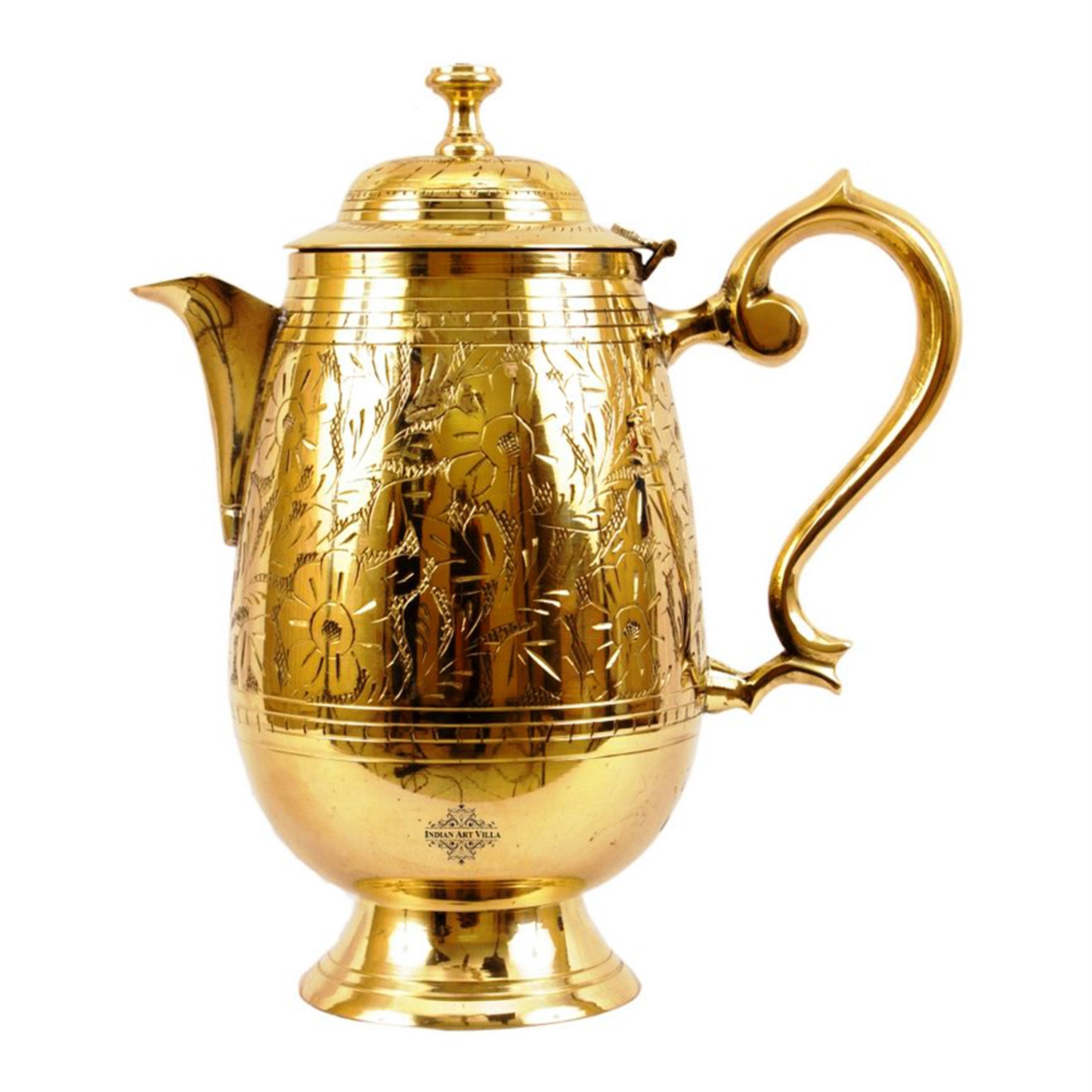 Pure Brass Designer Engraved Jug, Pitcher with Lid & Spout-1000 ml