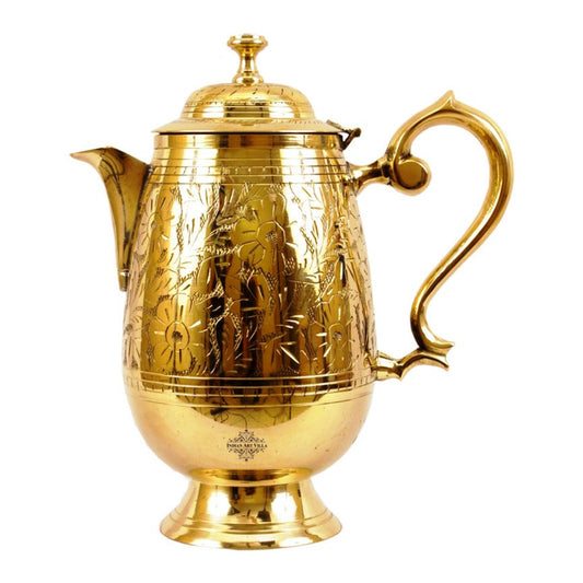 Pure Brass Designer Engraved Jug, Pitcher with Lid & Spout-1000 ml