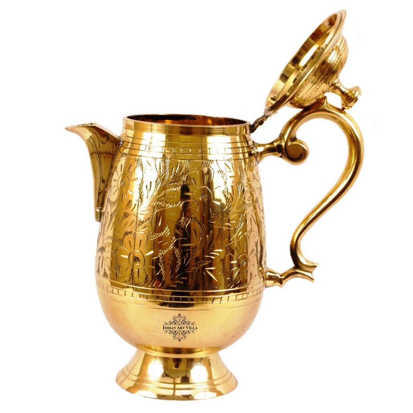 Pure Brass Designer Engraved Jug, Pitcher with Lid & Spout-1000 ml