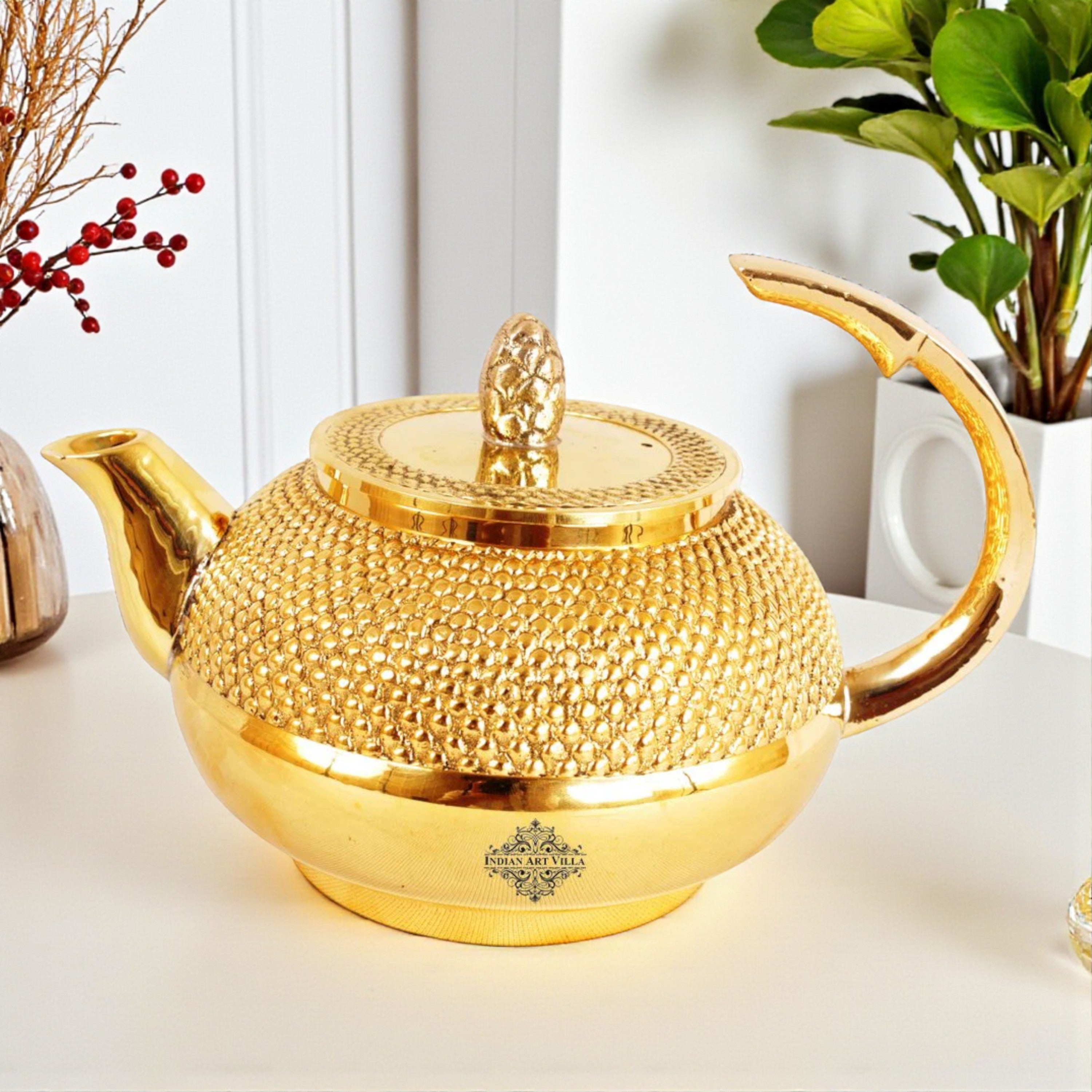 Brass Bubble Hammered Teapot with Lid & a Designer Handle, Serveware, Tableware