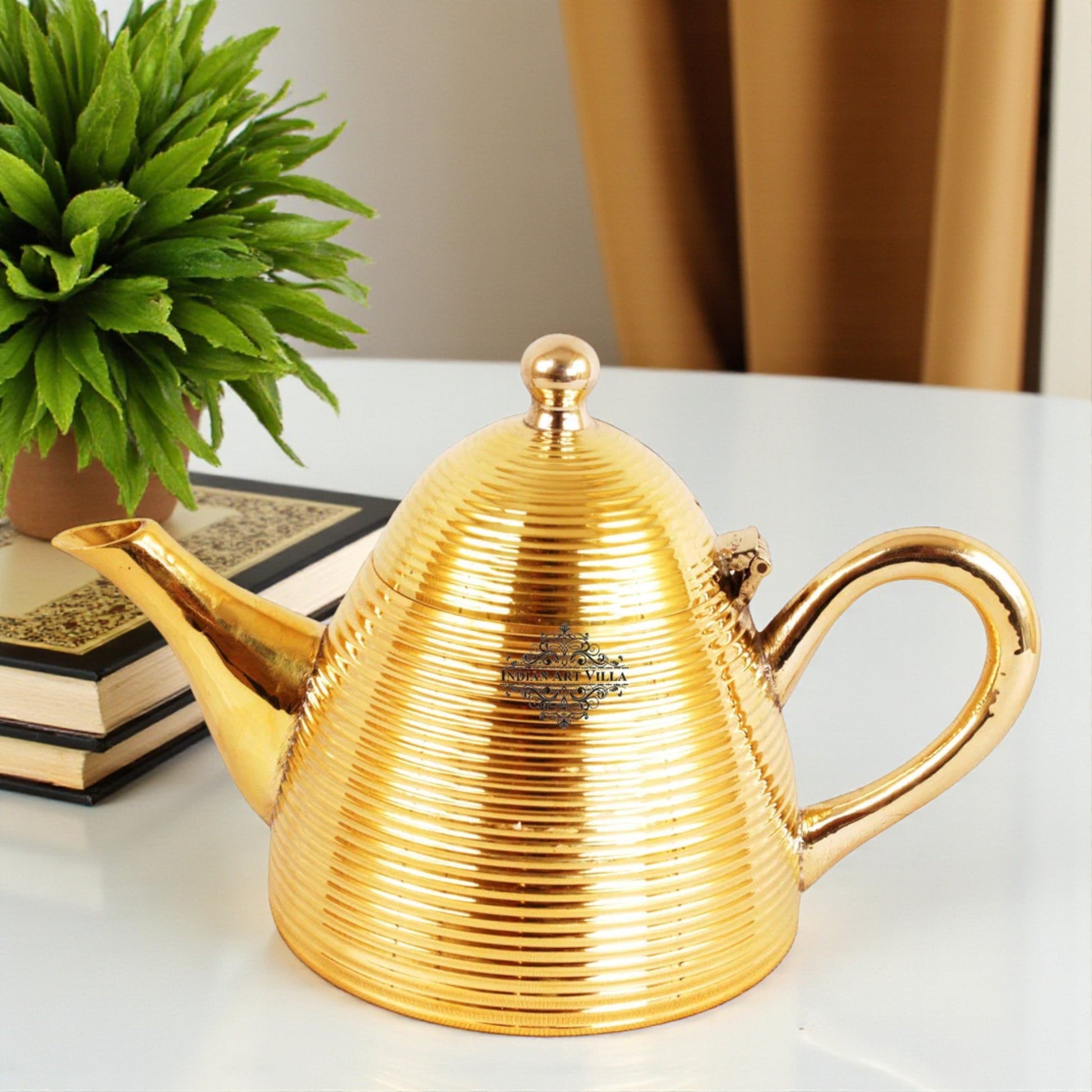 Handmade Pure Brass Cone Lining Tea Pot Kettle, Serving Tea Coffee