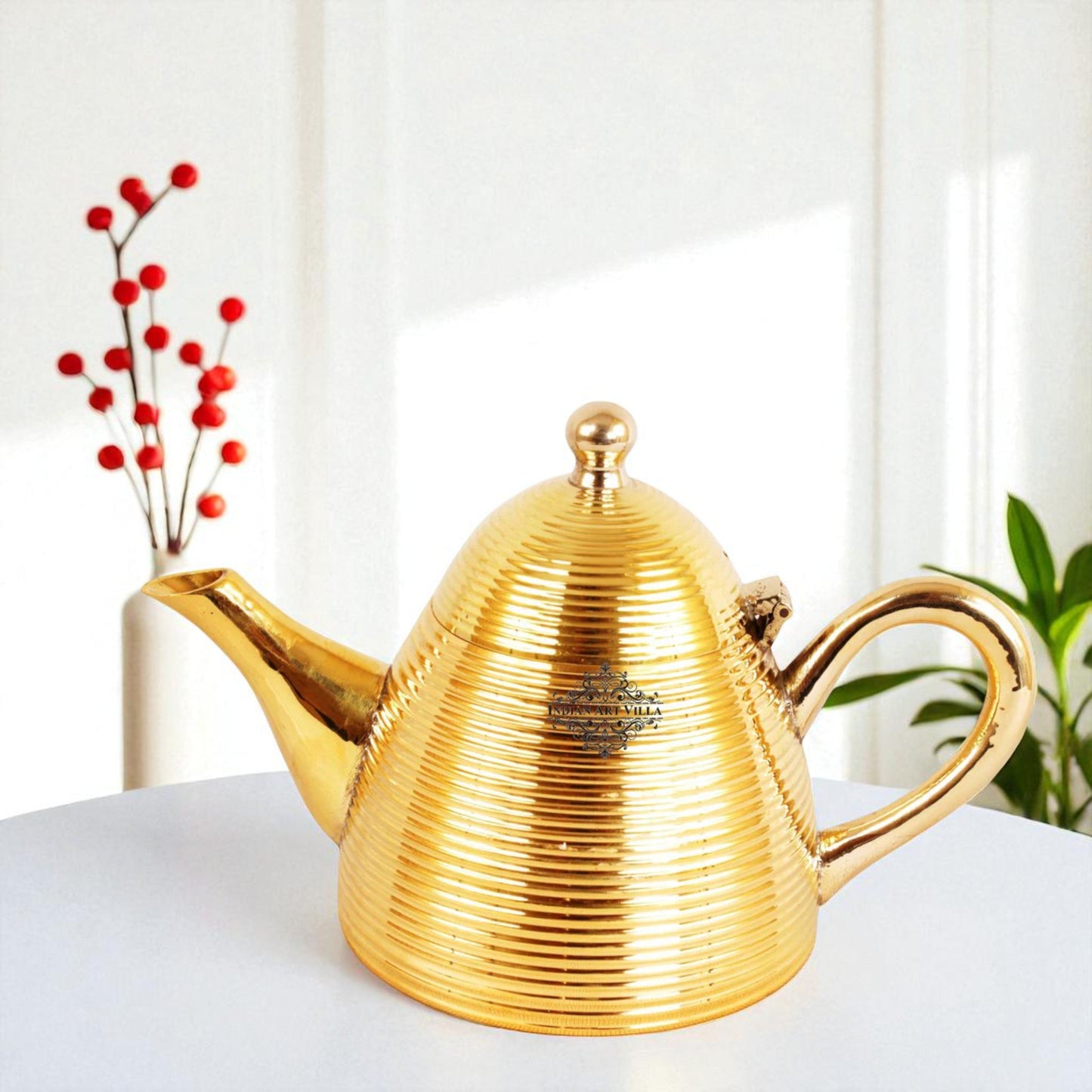 Handmade Pure Brass Cone Lining Tea Pot Kettle, Serving Tea Coffee