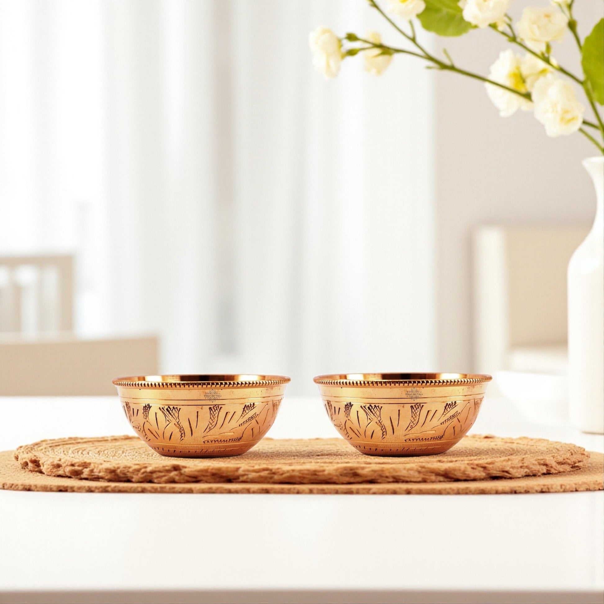 Handcrafted Pure Brass Engraved Shaped Dinner Bowl with Beaded Design, 100ml