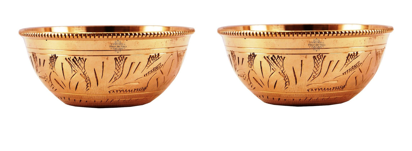 Handcrafted Pure Brass Engraved Shaped Dinner Bowl with Beaded Design, 100ml