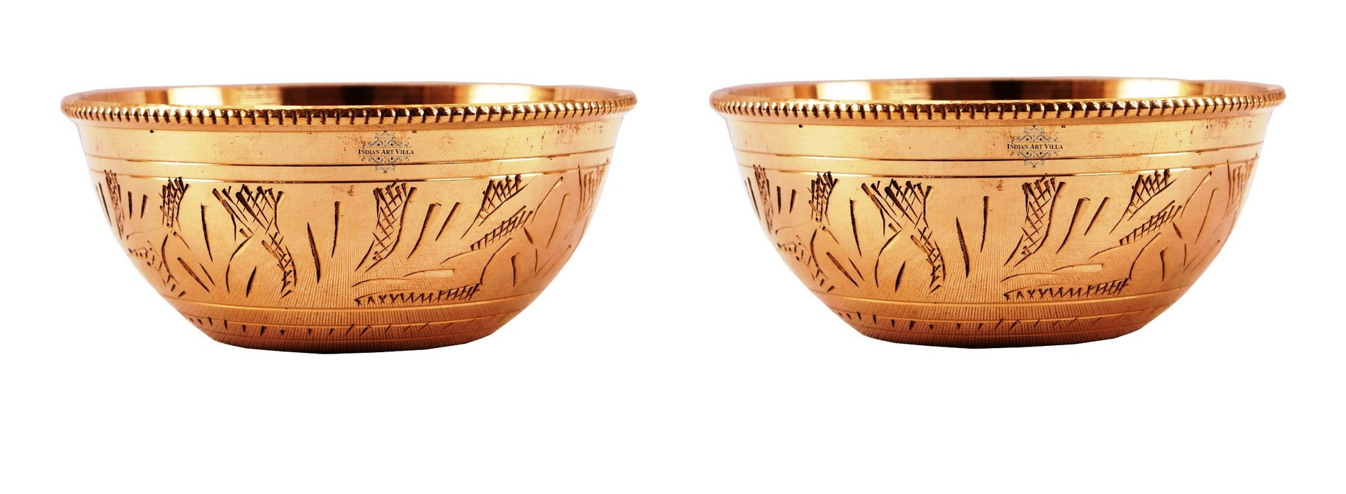 Handcrafted Pure Brass Engraved Shaped Dinner Bowl with Beaded Design, 100ml