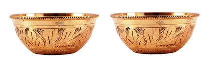 Handcrafted Pure Brass Engraved Shaped Dinner Bowl with Beaded Design, 100ml