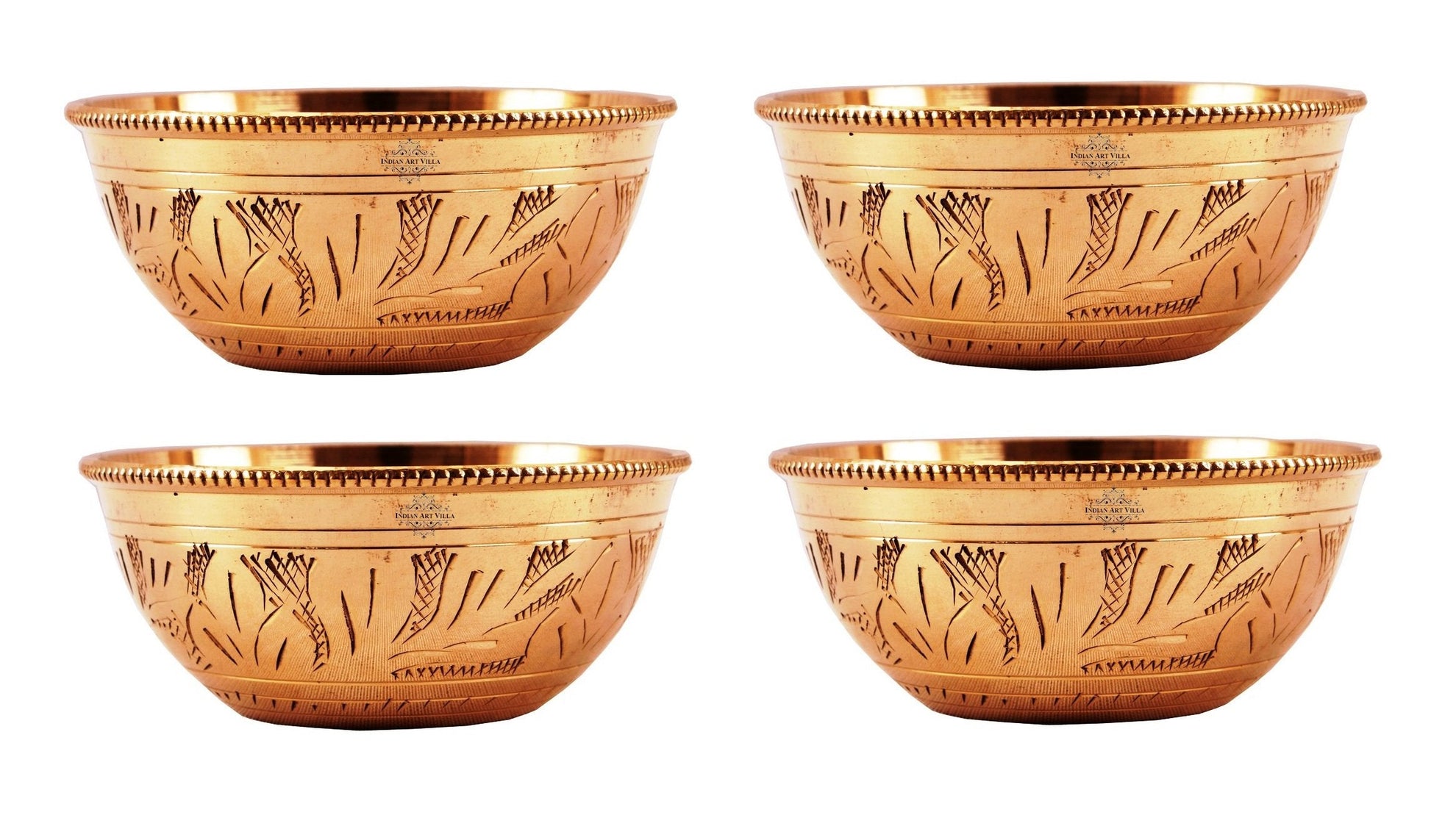 Handcrafted Pure Brass Engraved Shaped Dinner Bowl with Beaded Design, 100ml