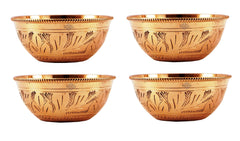 Handcrafted Pure Brass Engraved Shaped Dinner Bowl with Beaded Design, 100ml
