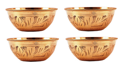 Handcrafted Pure Brass Engraved Shaped Dinner Bowl with Beaded Design, 100ml