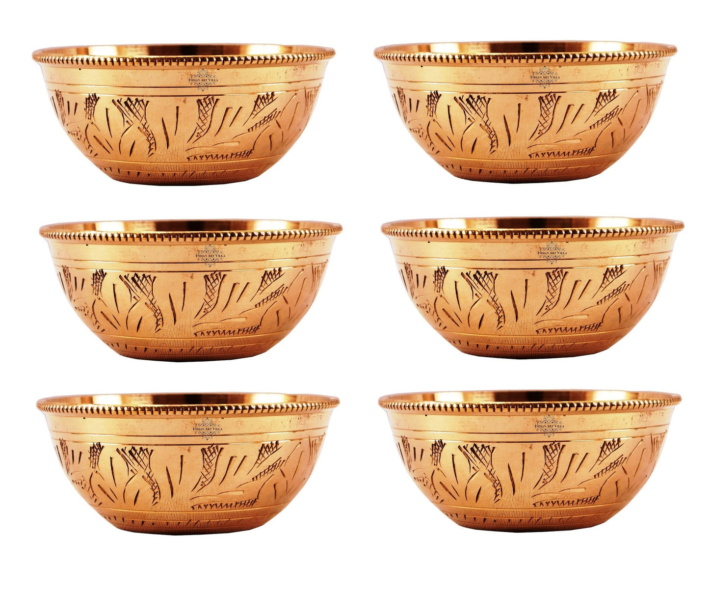 Handcrafted Pure Brass Engraved Shaped Dinner Bowl with Beaded Design, 100ml