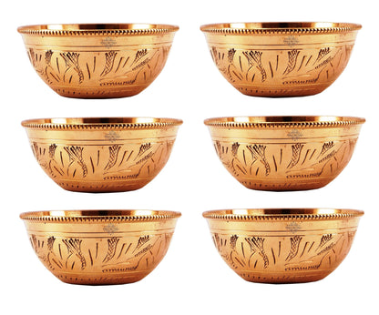Handcrafted Pure Brass Engraved Shaped Dinner Bowl with Beaded Design, 100ml