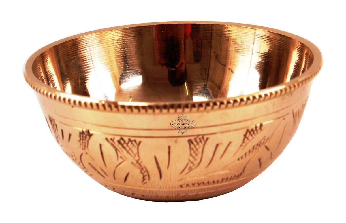 Handcrafted Pure Brass Engraved Shaped Dinner Bowl with Beaded Design, 100ml