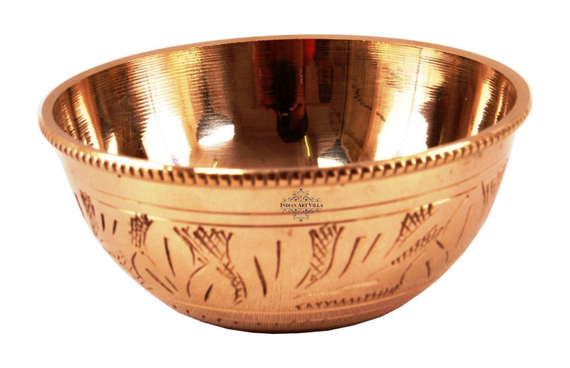 Handcrafted Pure Brass Engraved Shaped Dinner Bowl with Beaded Design, 100ml