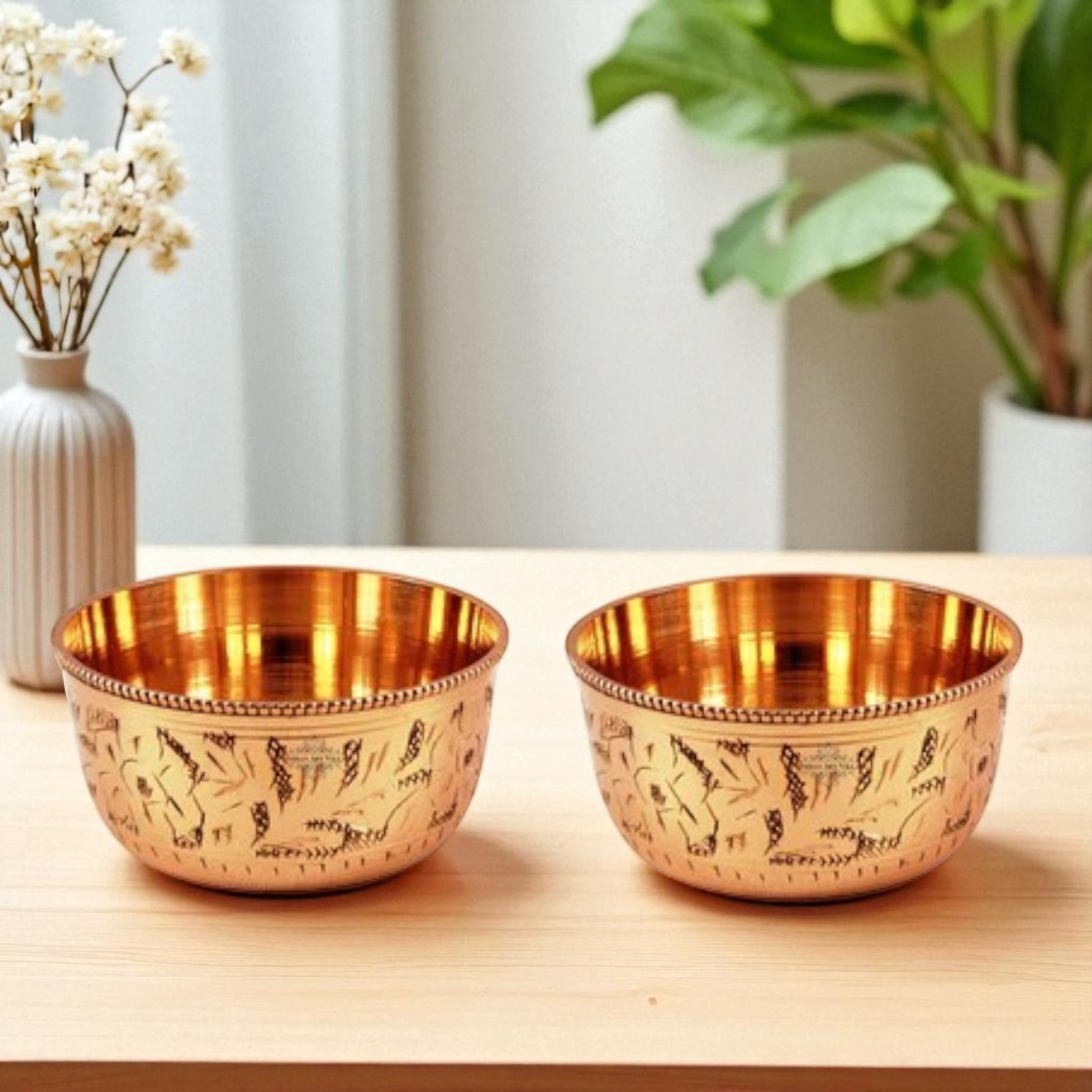 Pure Brass Engraved Design Flat Bottom Bowl, Decorative Dinnerware, Tableware and Serveware for Home Hotel Restaurant, Volume-100 ml