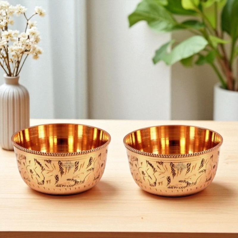 Pure Brass Engraved Design Flat Bottom Bowl, Decorative Dinnerware, Tableware and Serveware for Home Hotel Restaurant, Volume-100 ml