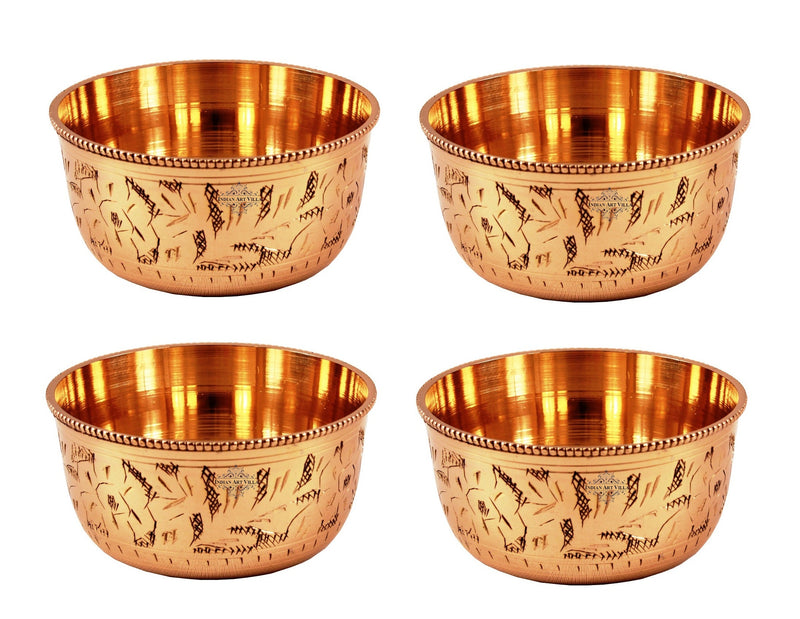 Pure Brass Engraved Design Flat Bottom Bowl, Decorative Dinnerware, Tableware and Serveware for Home Hotel Restaurant, Volume-100 ml