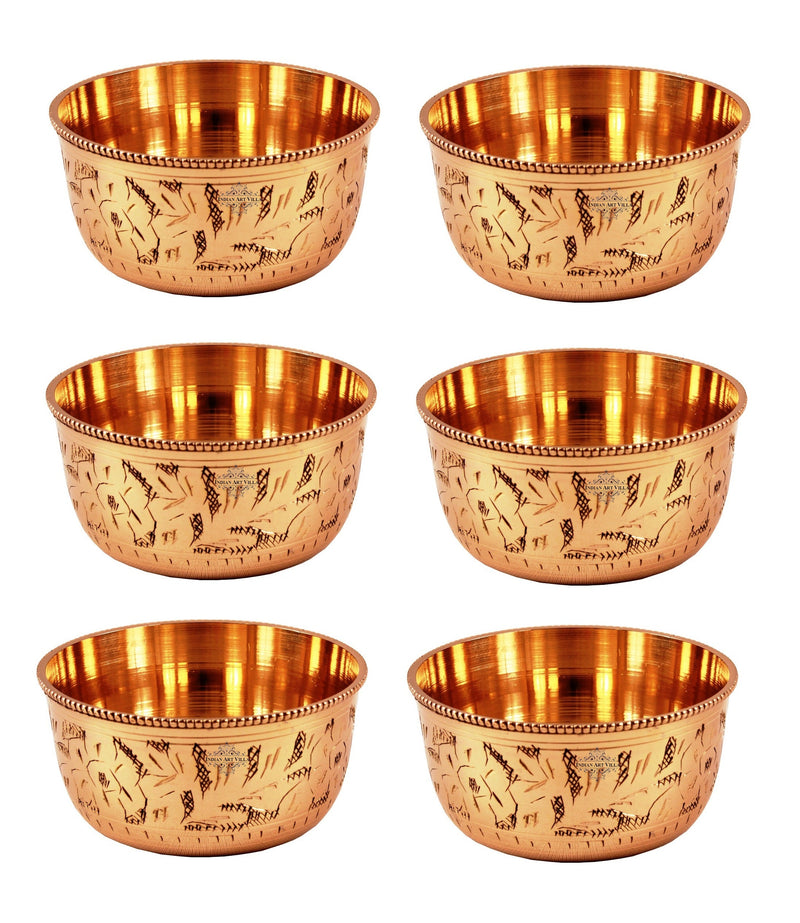 Pure Brass Engraved Design Flat Bottom Bowl, Decorative Dinnerware, Tableware and Serveware for Home Hotel Restaurant, Volume-100 ml