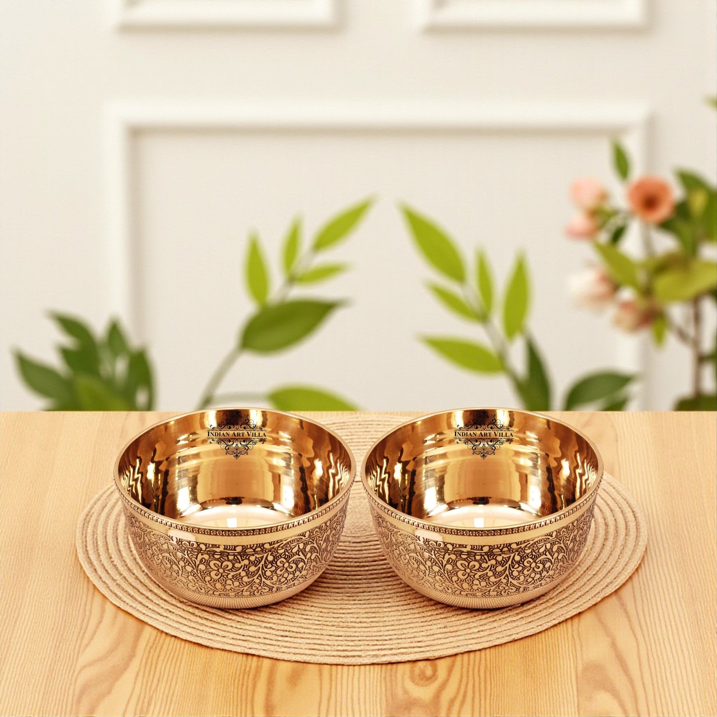 Handcrafted Pure Brass Embossed Round Shaped Bowl, Dinnerware, Serveware