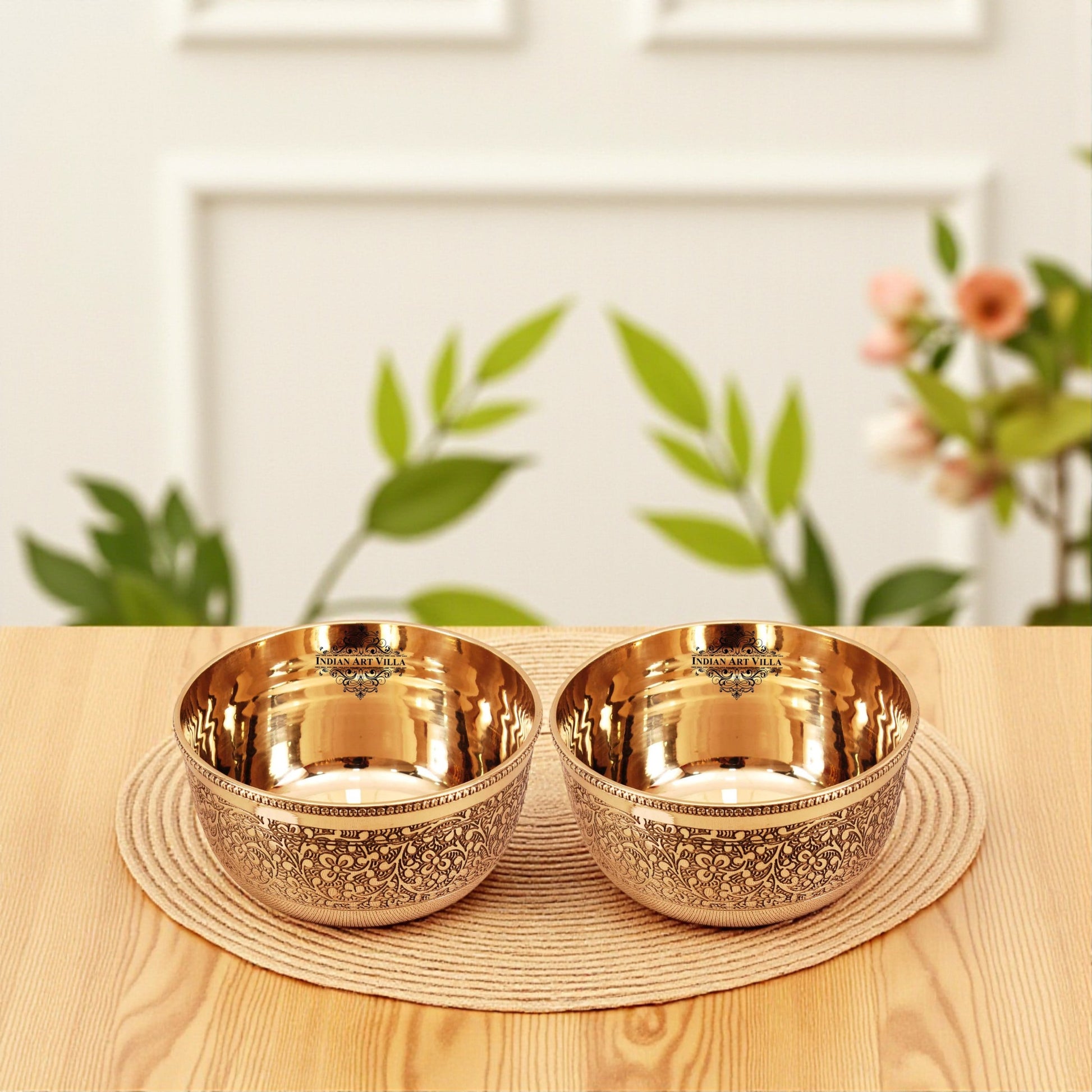 Handcrafted Pure Brass Embossed Round Shaped Bowl, Dinnerware, Serveware
