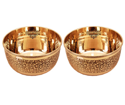 Handcrafted Pure Brass Embossed Round Shaped Bowl, Dinnerware, Serveware