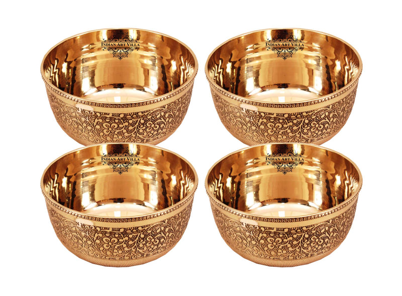 Handcrafted Pure Brass Embossed Round Shaped Bowl, Dinnerware, Serveware