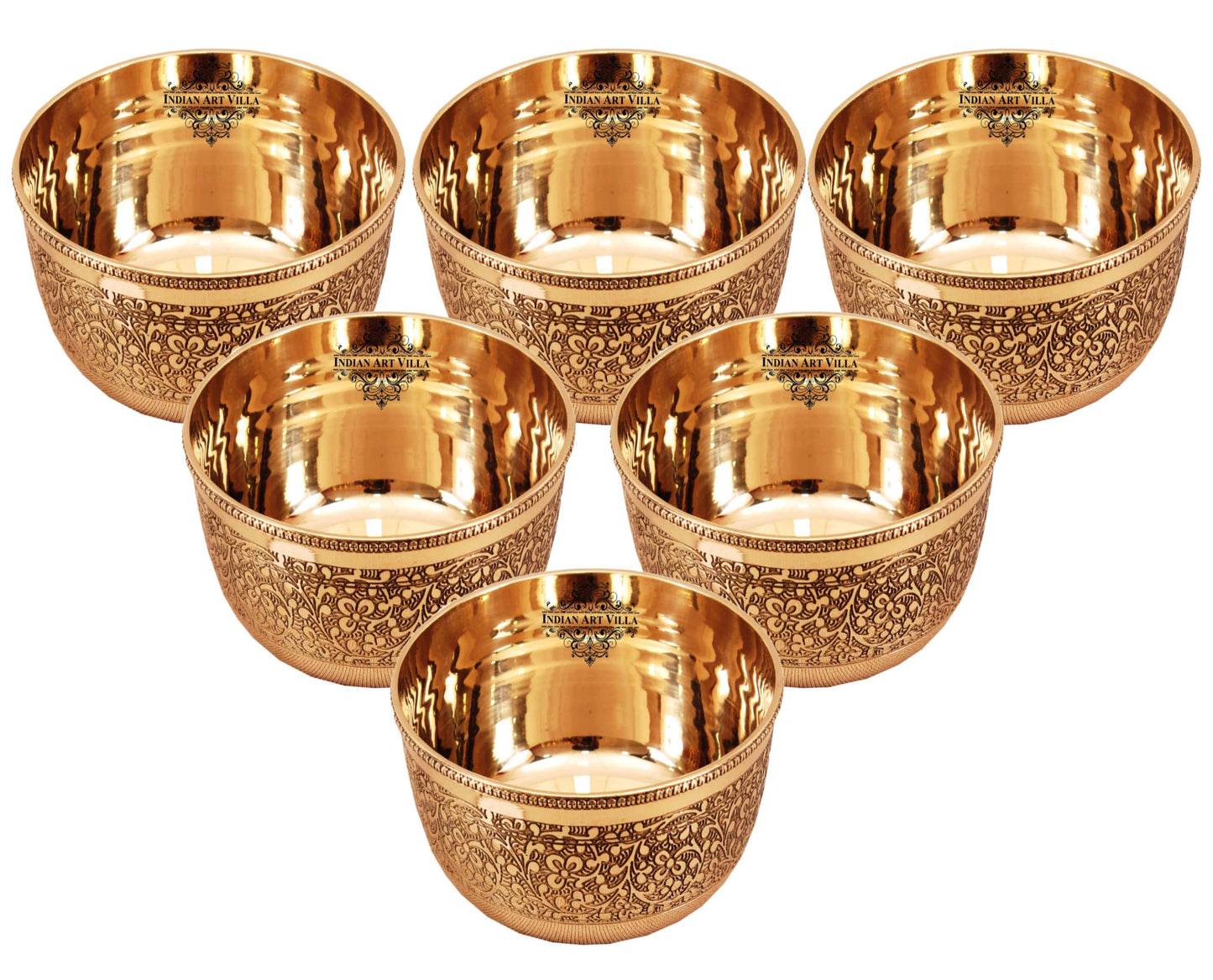 Handcrafted Pure Brass Embossed Round Shaped Bowl, Dinnerware, Serveware