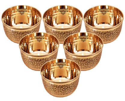 Handcrafted Pure Brass Embossed Round Shaped Bowl, Dinnerware, Serveware