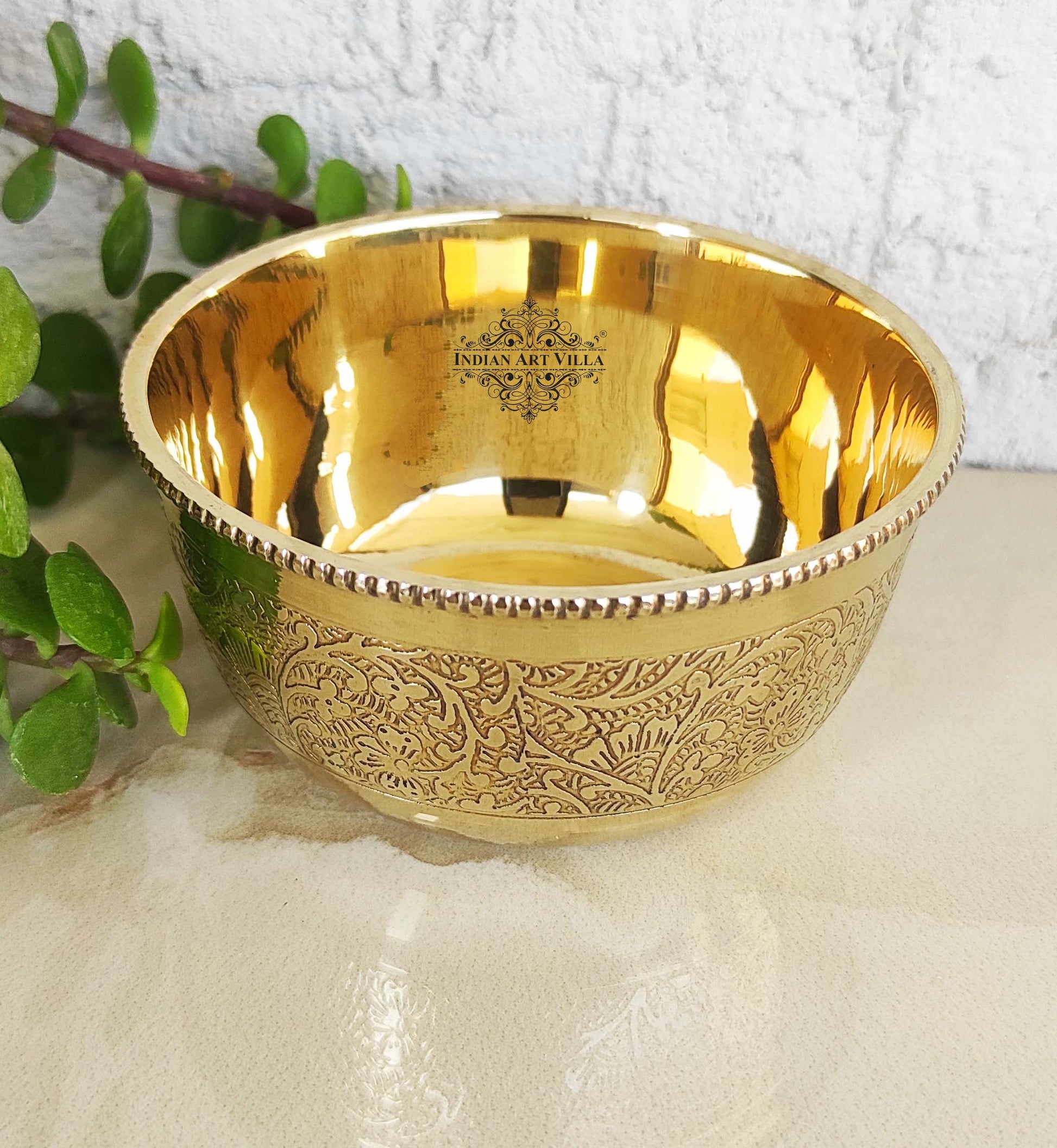 Handcrafted Pure Brass Embossed Round Shaped Bowl, Dinnerware, Serveware