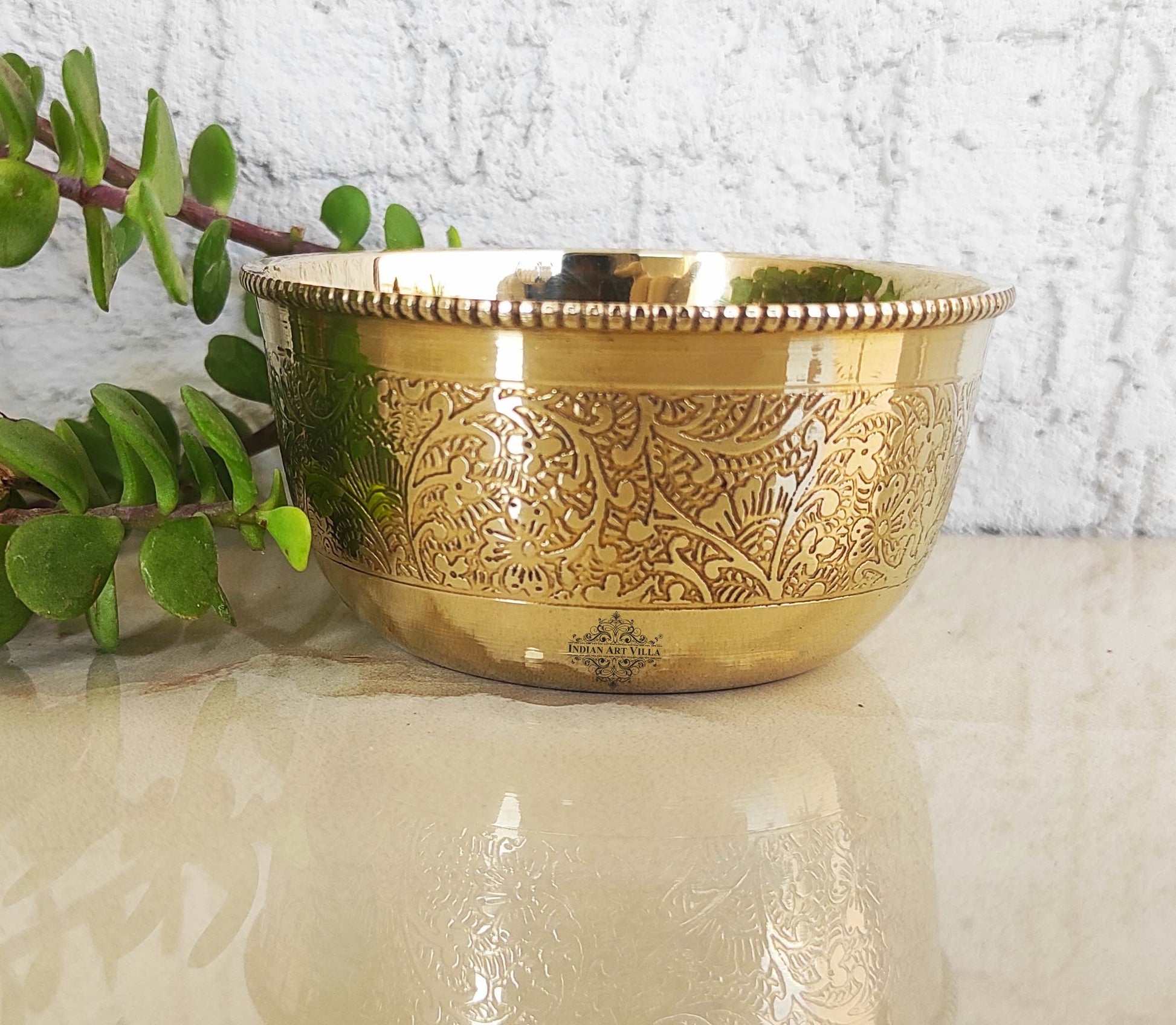 Handcrafted Pure Brass Embossed Round Shaped Bowl, Dinnerware, Serveware