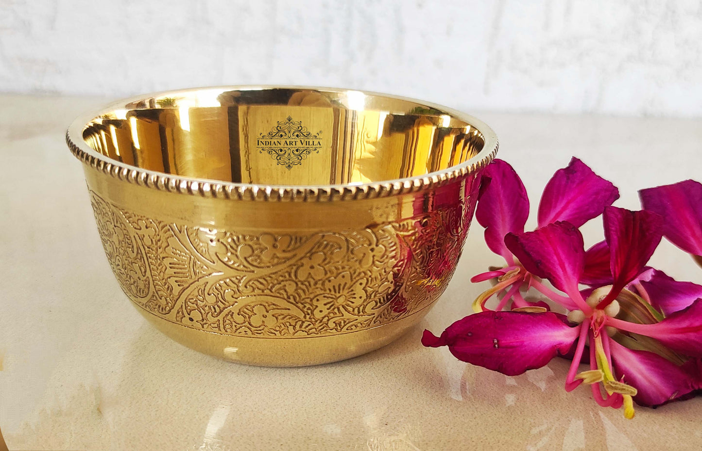 Handcrafted Pure Brass Embossed Round Shaped Bowl, Dinnerware, Serveware