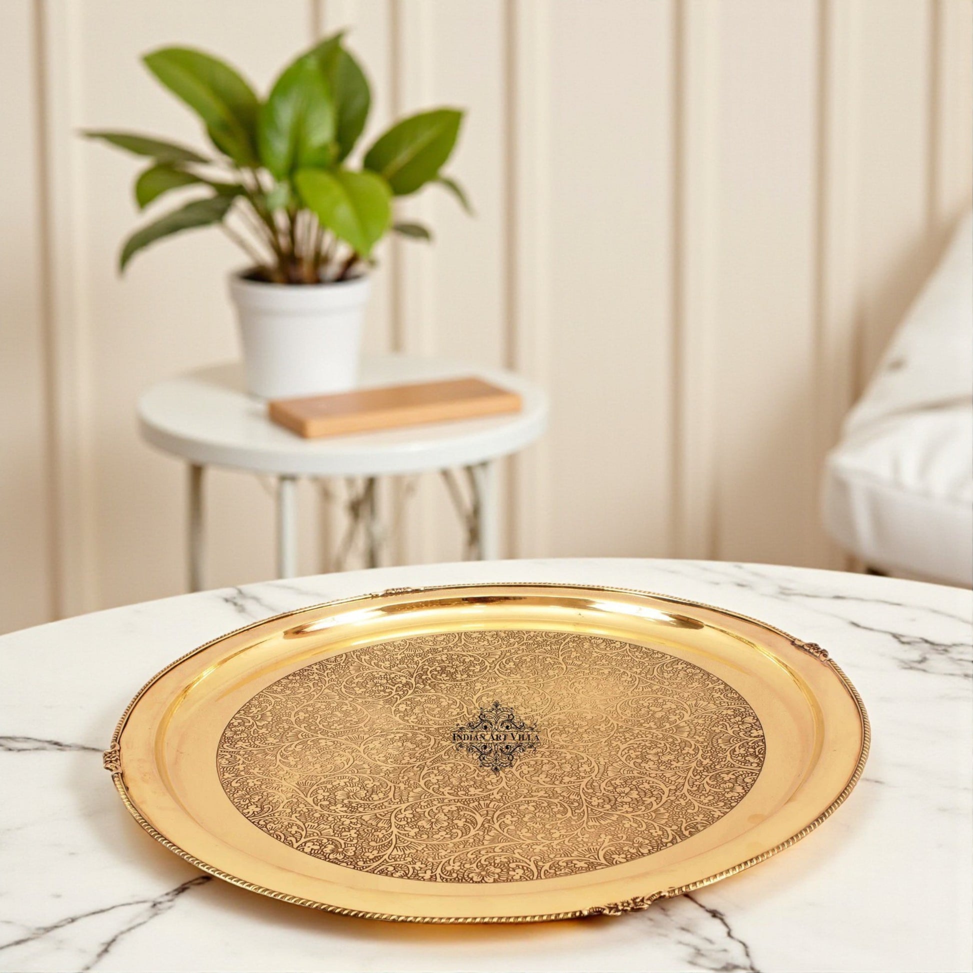 Brass Embossed Designer Thali, Plate with Beaded Design, Serveware, Dinnerware, Tableware