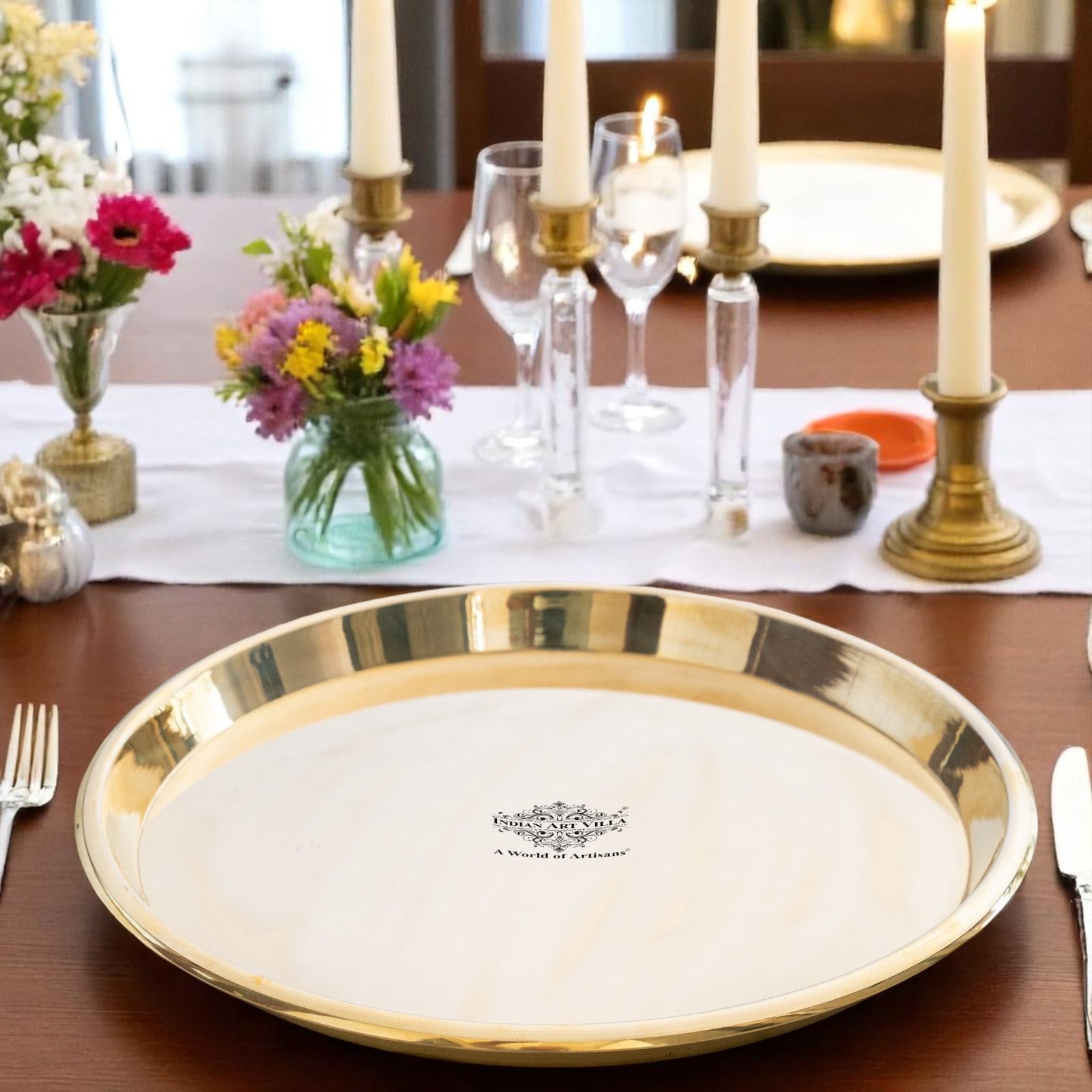 Brass Handmade Designer Thali, Plate with perfect Space & Raised Borders, Dinnerware, Tableware