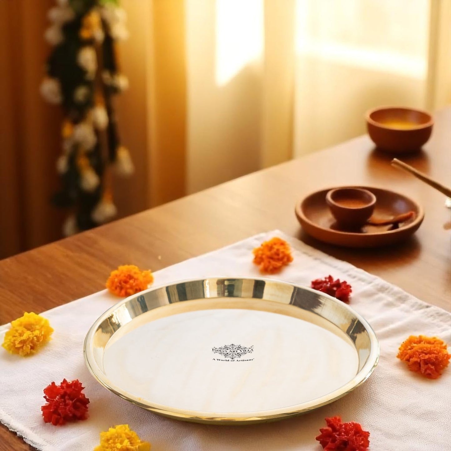 Brass Handmade Designer Thali, Plate with perfect Space & Raised Borders, Dinnerware, Tableware