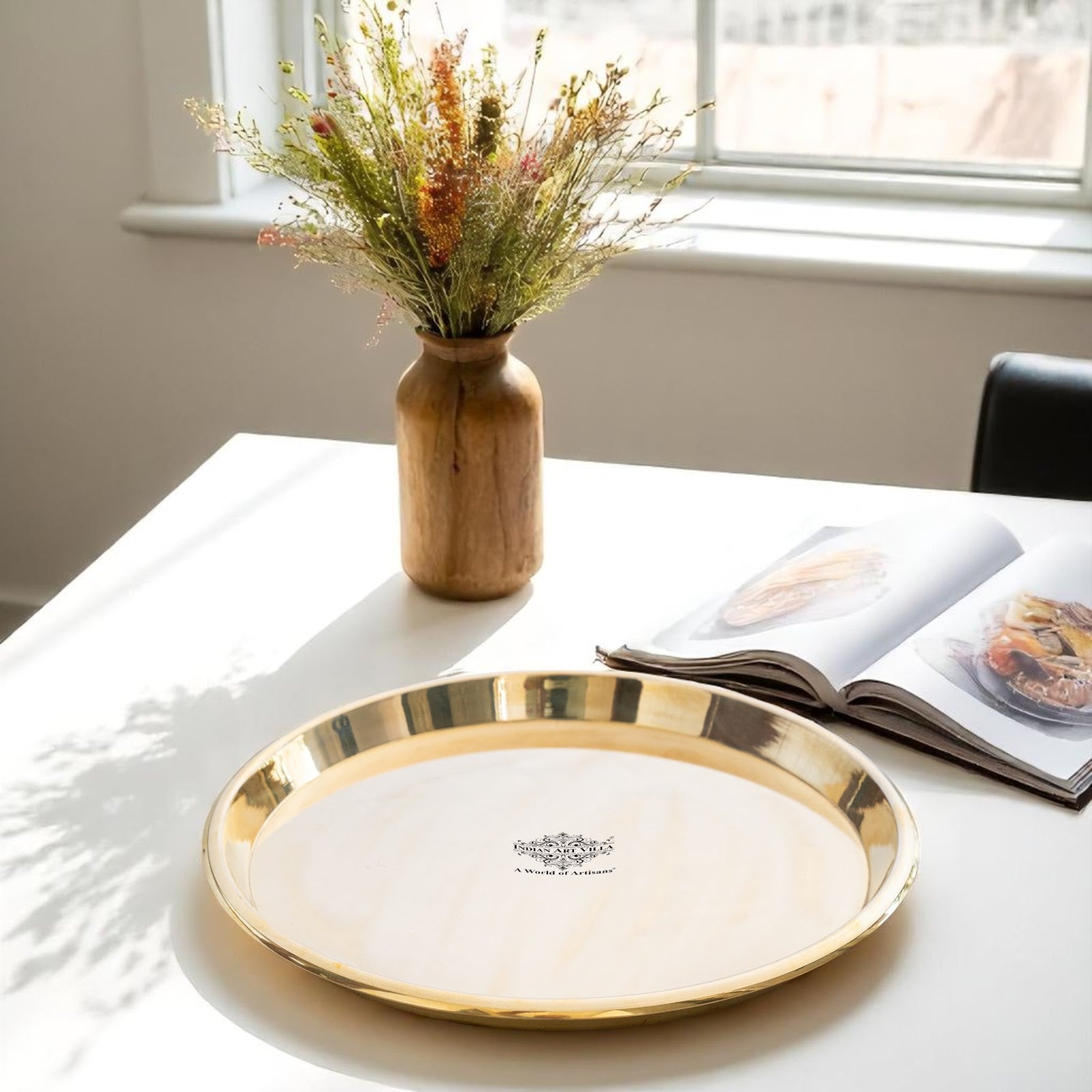 Brass Handmade Designer Thali, Plate with perfect Space & Raised Borders, Dinnerware, Tableware
