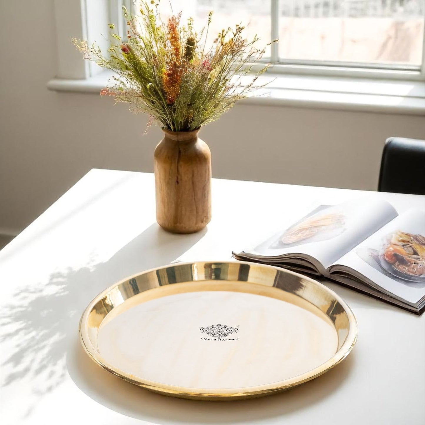Brass Handmade Designer Thali, Plate with perfect Space & Raised Borders, Dinnerware, Tableware