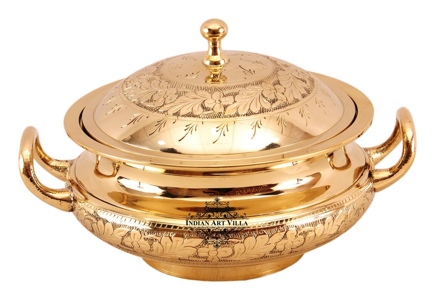 Pure Brass Engraved Floral Design Casserole, Mughlai Style, Serveware, Tableware