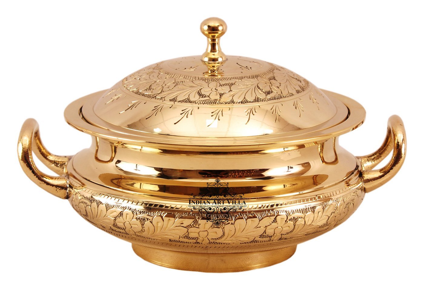 Pure Brass Engraved Floral Design Casserole, Mughlai Style, Serveware, Tableware