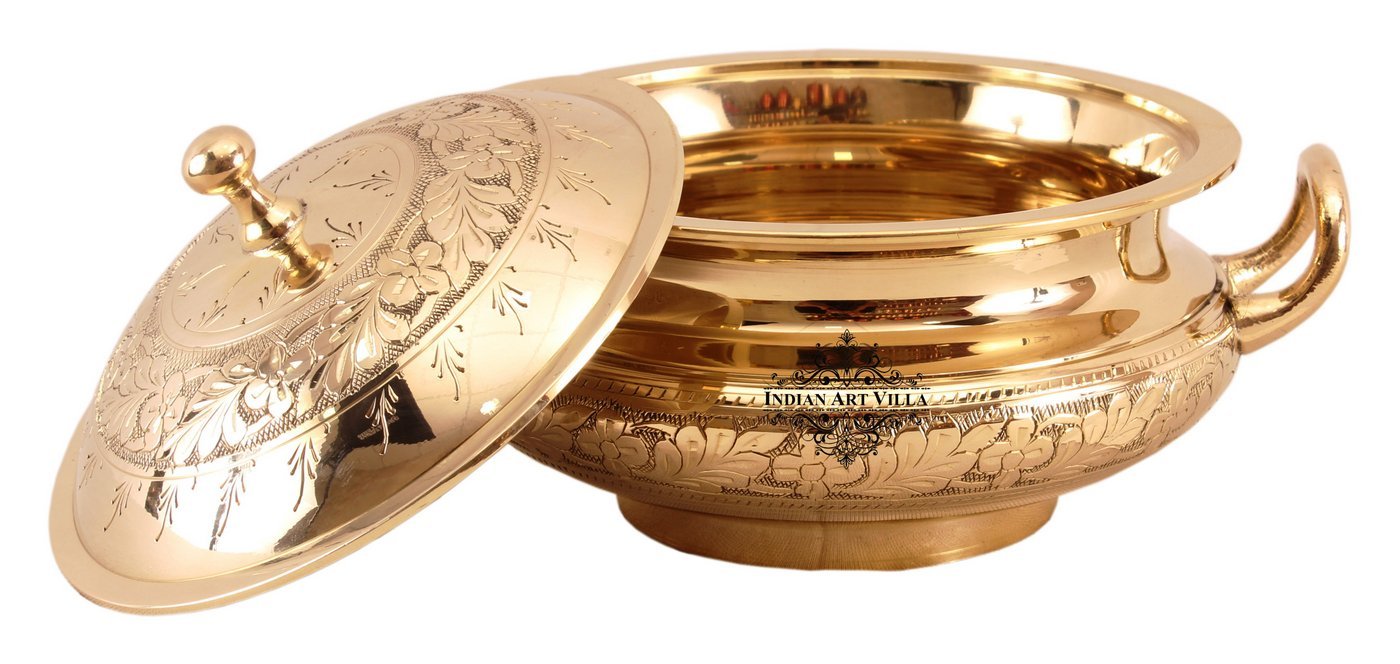 Pure Brass Engraved Floral Design Casserole, Mughlai Style, Serveware, Tableware