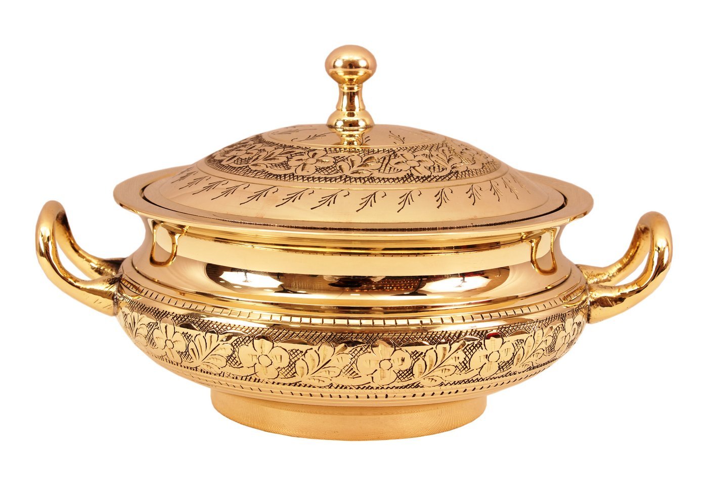 Pure Brass Engraved Floral Design Casserole, Mughlai Style, Serveware, Tableware