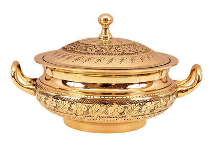 Pure Brass Engraved Floral Design Casserole, Mughlai Style, Serveware, Tableware